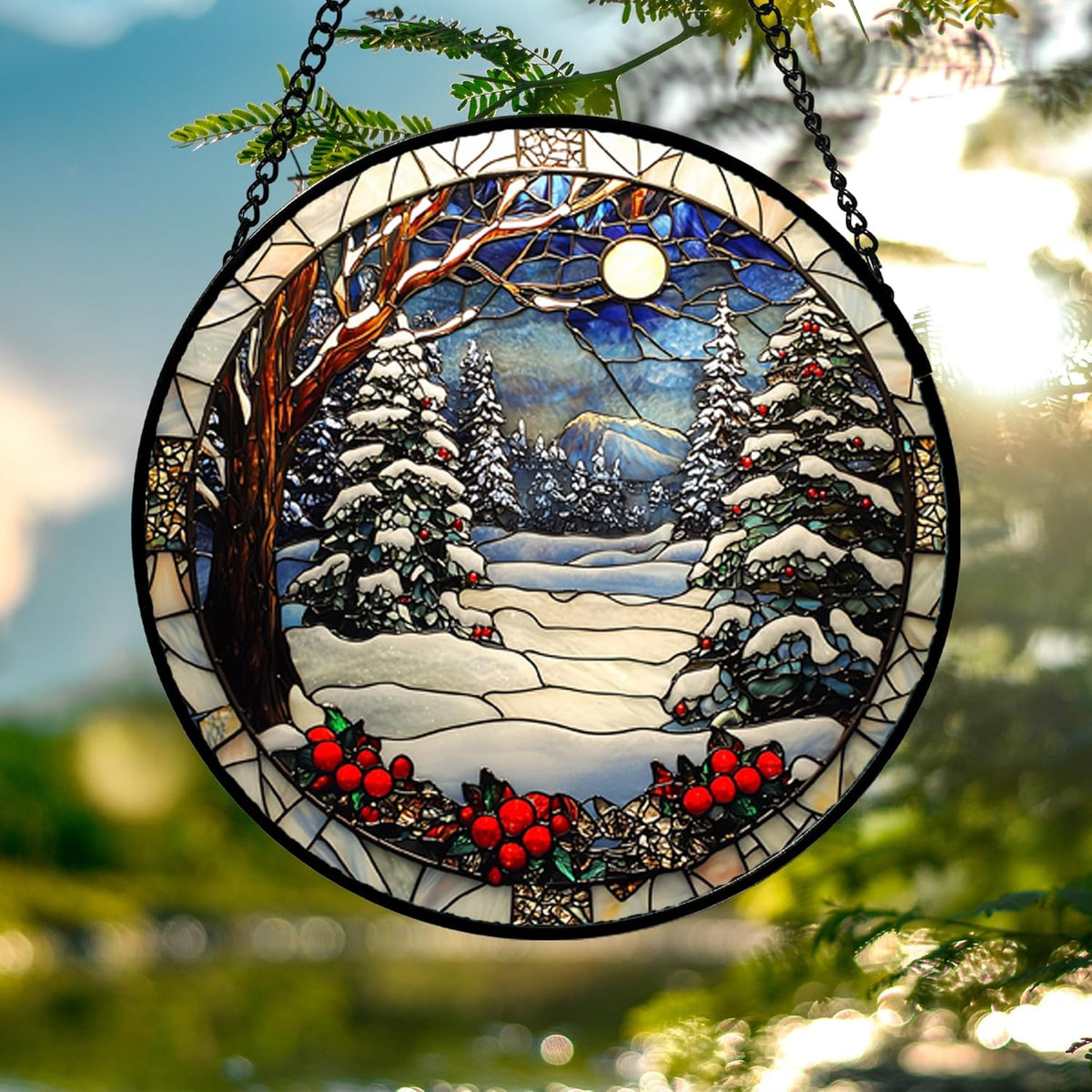 Stained Glass Window Hanging Christmas Tree Winter Snow Night Scenery Large 14.9" - Suncatcher Door