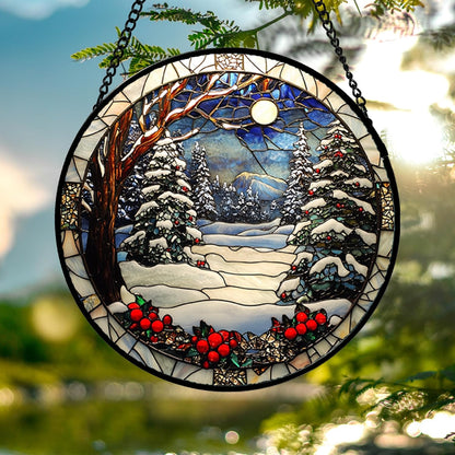 Stained Glass Window Hanging Christmas Tree Winter Snow Night Scenery Large 14.9" - Suncatcher Door