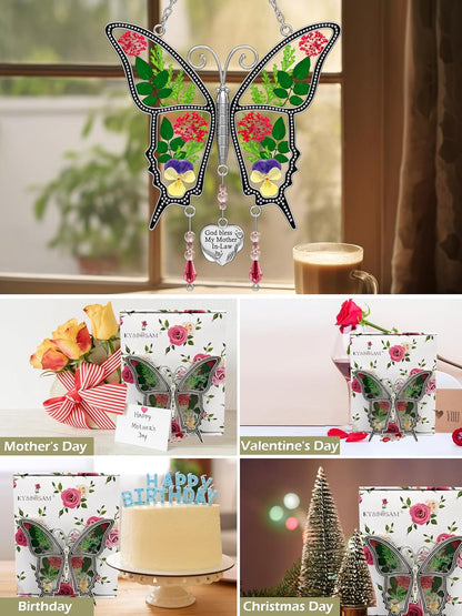 KY&BOSAM Gifts for Mom God Bless Mother in-Law Butterfly Suncatcher with Pressed Flower Wings and