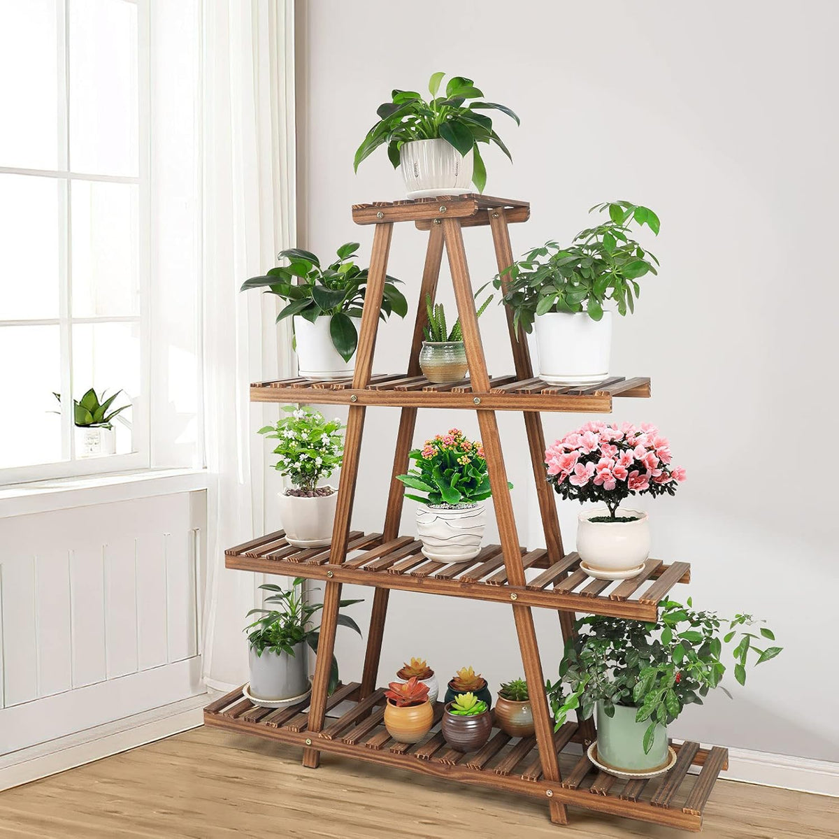 Ufine 4 Tier Wood Plant Stand Indoor Outdoor A Frame Plant Display Shelf for Multiple Plants Flower