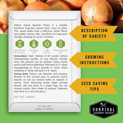 Yellow Sweet Spanish Onion Seed for Planting - 5 Packets with Instructions to Plant and Grow Long