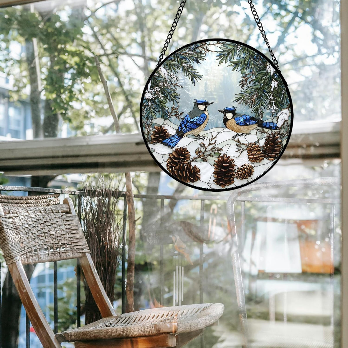 Stained Glass Window Hanging - Blue Bird Winter Forest Landscape Suncatcher for Door Garden Yard