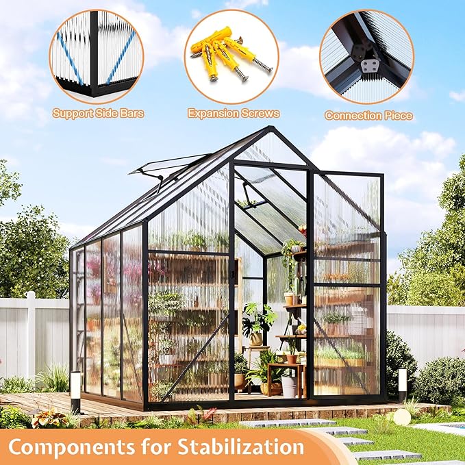Jocisland 6x8x6.3 FT Polycarbonate Greenhouse for Outdoors with 2 Windows, Dual Swing Doors