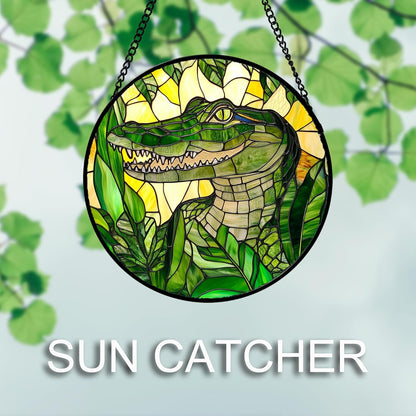 Stained Glass Window Hanging 4 Pcs Set Green Plants Animals Theme 6.3" - Bird Tiger Suncatcher Door