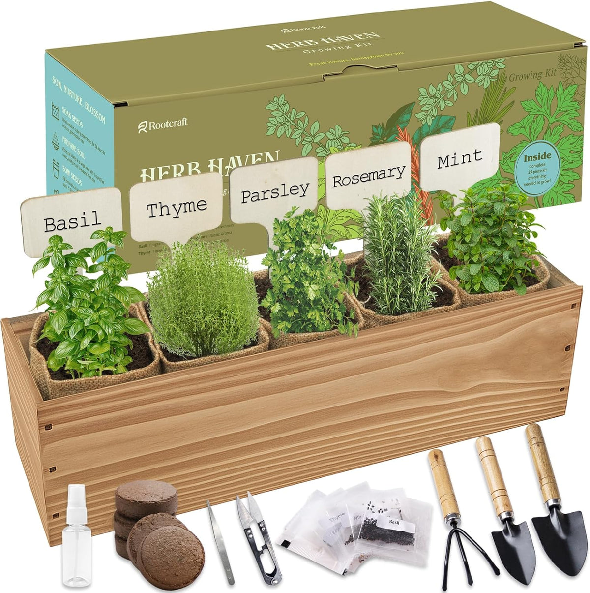 5 Herb Garden Planter Indoor with Wooden Box, Home Kitchen Seed Starter Kit Including Basil, Thyme