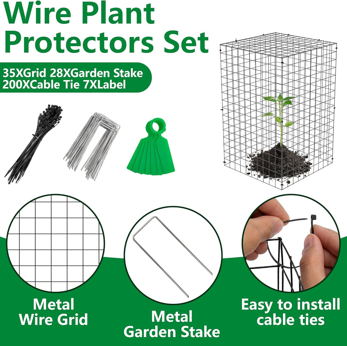 Adnee 7 Pack Wire Plant Protector with Cover-20x12x12 Inch Detachable Square Wire Cages to Prevent