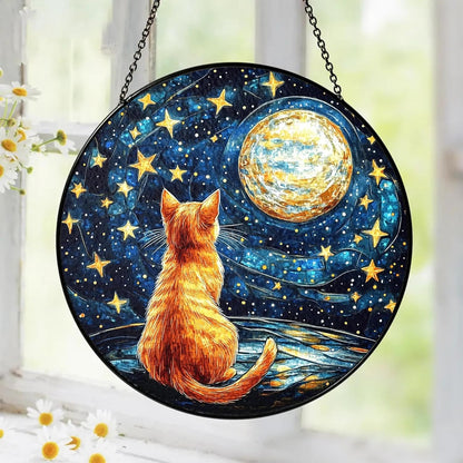 Orange Cat Stained Glass Suncatcher, Starry Night Orange Cat Lovers Gifts Window Hanging Garden
