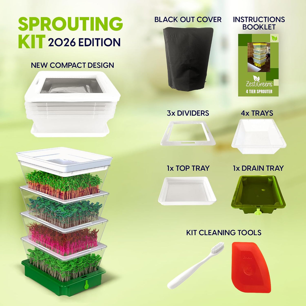 ZESTIGREENS 4-Tier Sprouting Kit with Drain Spout – Stackable Seed Sprouter Trays for Growing Fresh