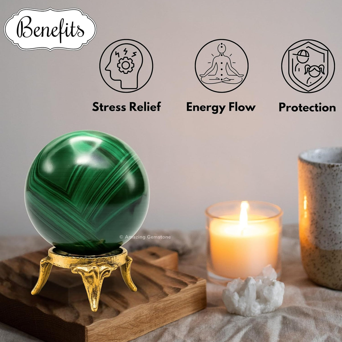 Amazing Gemstone Malachite Crystal Ball with Stand - 2" Inches Crystal Sphere Meditation Balls for