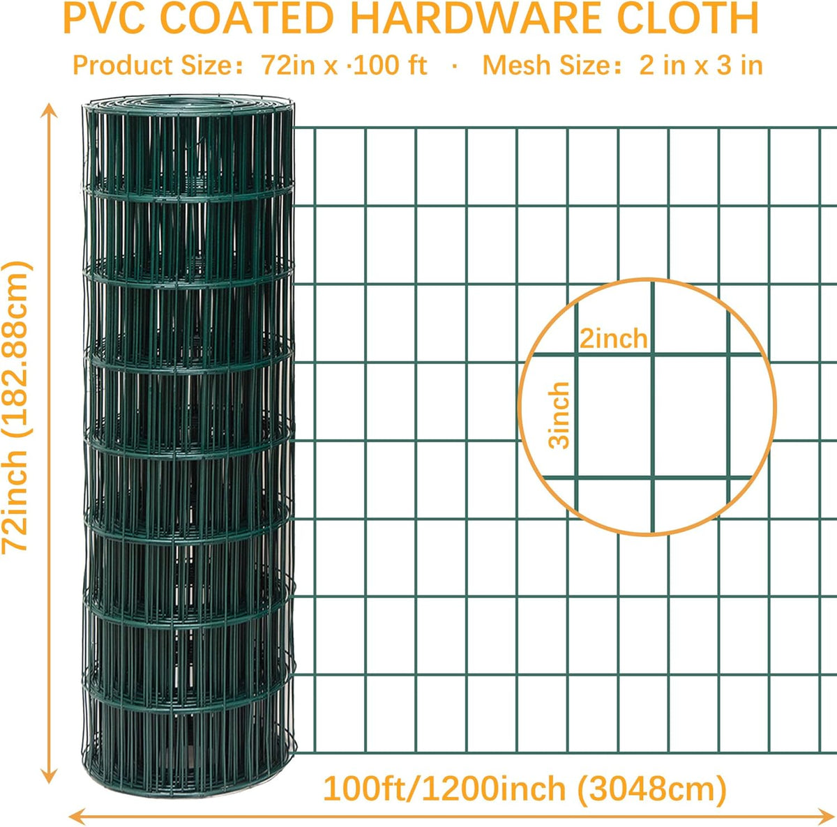 Green Metal Garden Fence, 72inch(H) x 100ft(L), 2 inch x 3 inch,14GA 2/3/4/5/6 Ft Tall Chicken Wire
