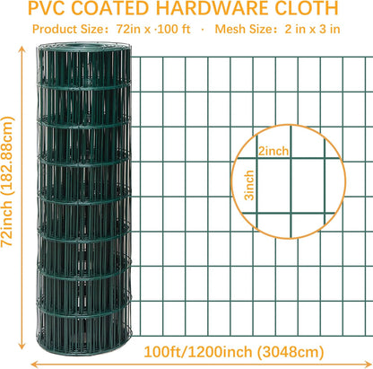 Green Metal Garden Fence, 72inch(H) x 100ft(L), 2 inch x 3 inch,14GA 2/3/4/5/6 Ft Tall Chicken Wire