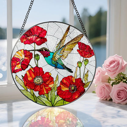 Stained Glass Window Hanging, 8 Inch Hummingbird Stained Glass Suncatcher, Sun Catcher Indoor