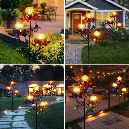 Solar Lights Outdoor Decorative Lotus Flowers Wind Spinner Garden Stake with LED Crackle Balls