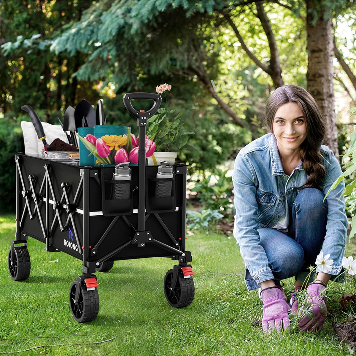 Collapsible Wagon Cart with Wheels Foldable - Folding Utility Heavy Duty Wagons Carts for Grocery