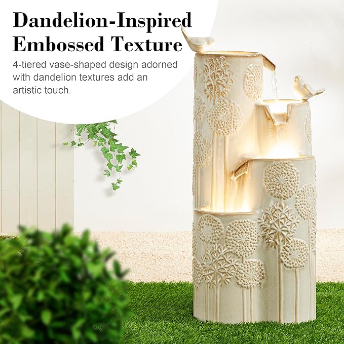 Glitzhome 31.75" H Outdoor Water Fountain with LED Lights and Pump, 4 Tier Dandelion Texture Vase