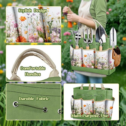 Garden Tools 9-Piece Heavy Duty Gardening Hand Tools with Floral Organizer Tote Bag, Rust-Proof