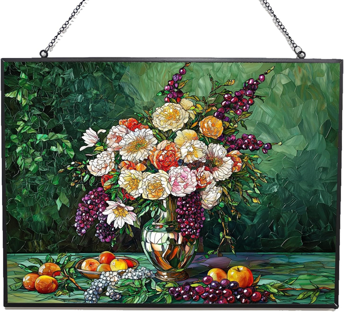Customized Rectangle Flower Vase with Fruit Stained Glass Window Hangings, Handcrafted Stained