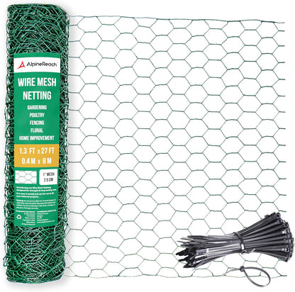 AlpineReach Chicken Wire 1.3ft x 27ft (15.6" x 324") for Floral Arrangements, Zip Ties - Green Mesh
