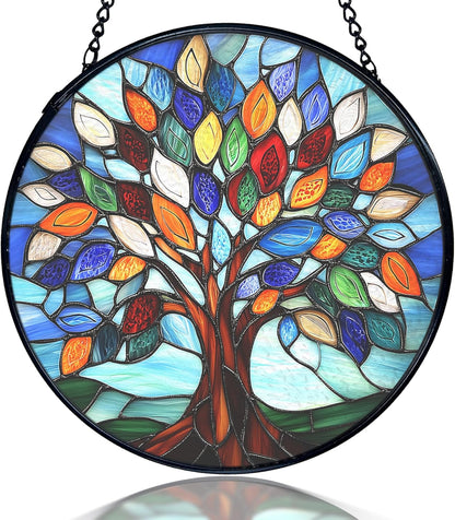 kdqua Tree of Life Suncatcher Stained Glass Window Hanging, Sun Catchers Indoor Window Glass Round