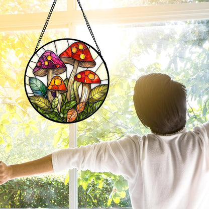 Stained Glass Window Hanging, Mushroom Leaves Suncatcher for Doors Home Sun Catchers Decoration and