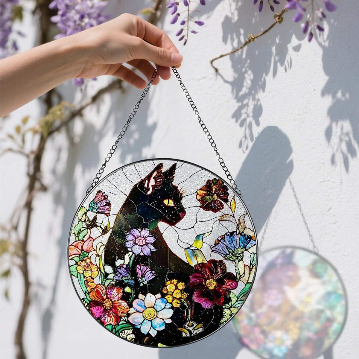 Stained Glass Window Hanging, 8 Inch Black Cat Sun Catcher, Stained Glass Suncatcher, Suncatchers