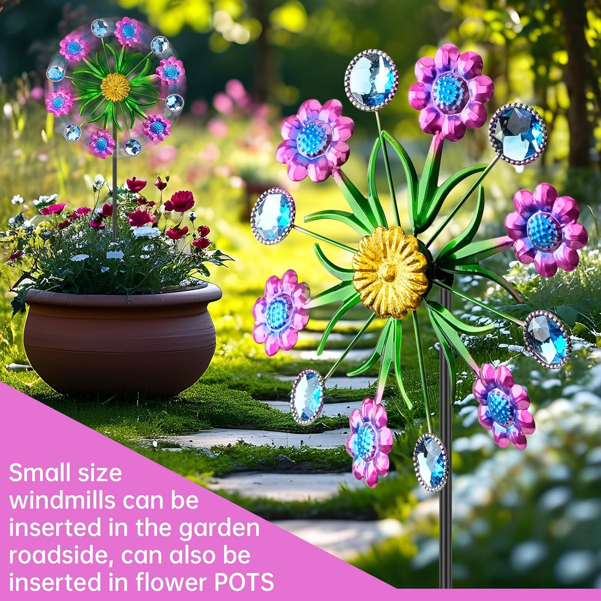Purple Flowers Outdoor Wind Spinner, 36" Metal Wind Sculpture with Stake, Wind Spinners for Yard
