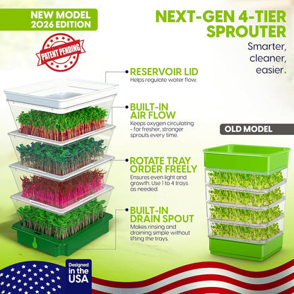 ZESTIGREENS 4-Tier Sprouting Kit with Drain Spout – Stackable Seed Sprouter Trays for Growing Fresh