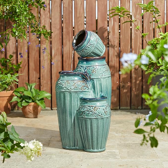 Glitzhome 27.25" H Outdoor Garden Water Fountain with LED Lights and Pump, 4 Tier Turquoise