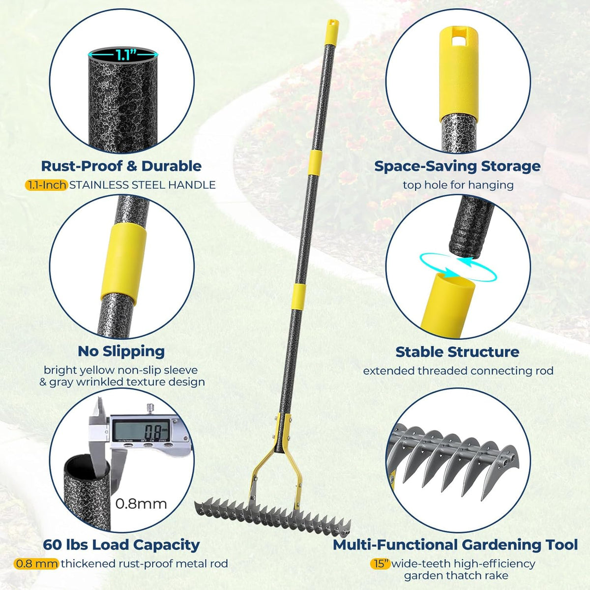 Rake, 70" Heavy Duty Metal Dethatcher Rake with 15" Wide Double-Edged Sharp Tines Thatch Rakes for