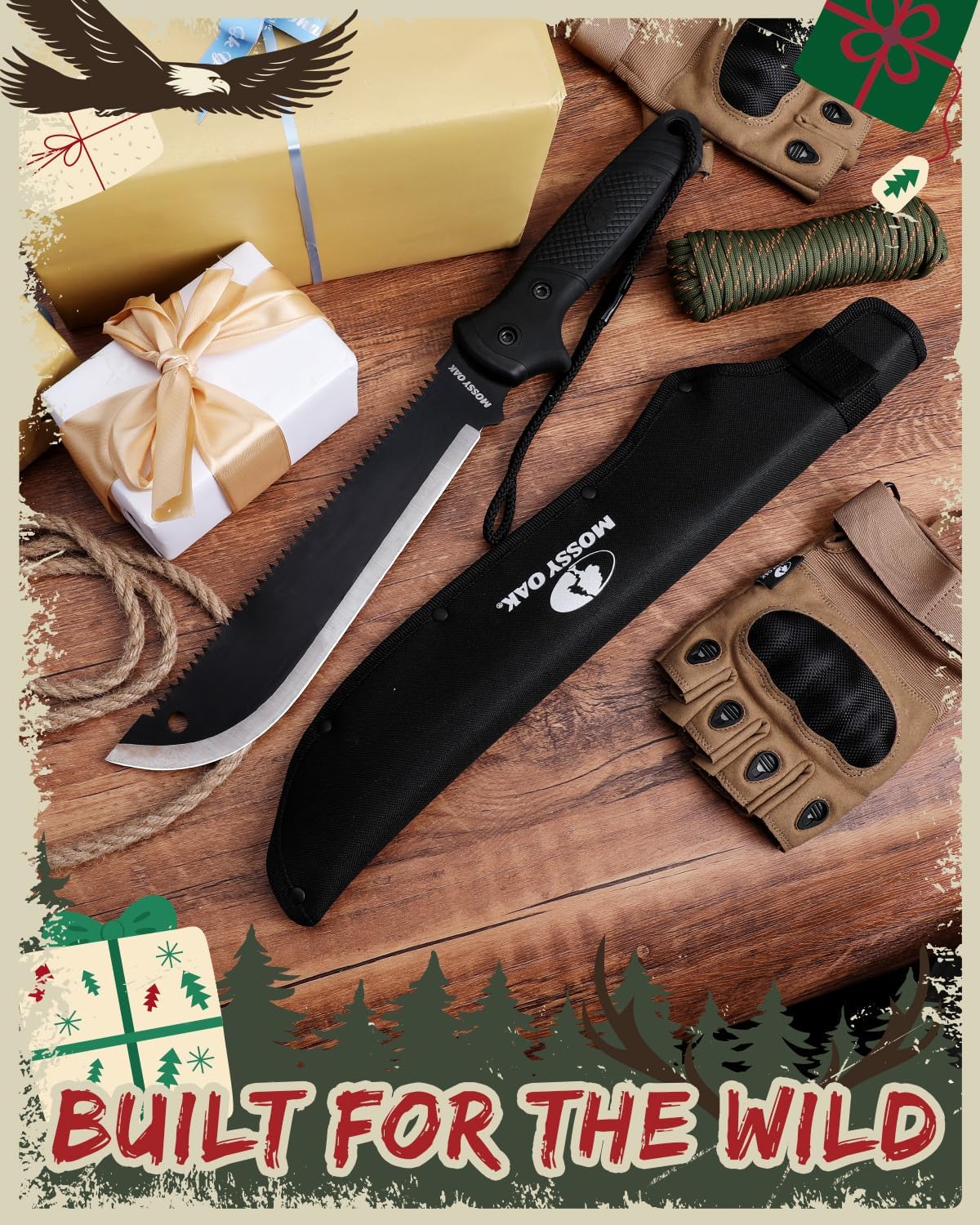 MOSSY OAK Machete with Saw, 19" Sharp Machete with Sheath, Ergonomic No-Slip Handle, Machetes for