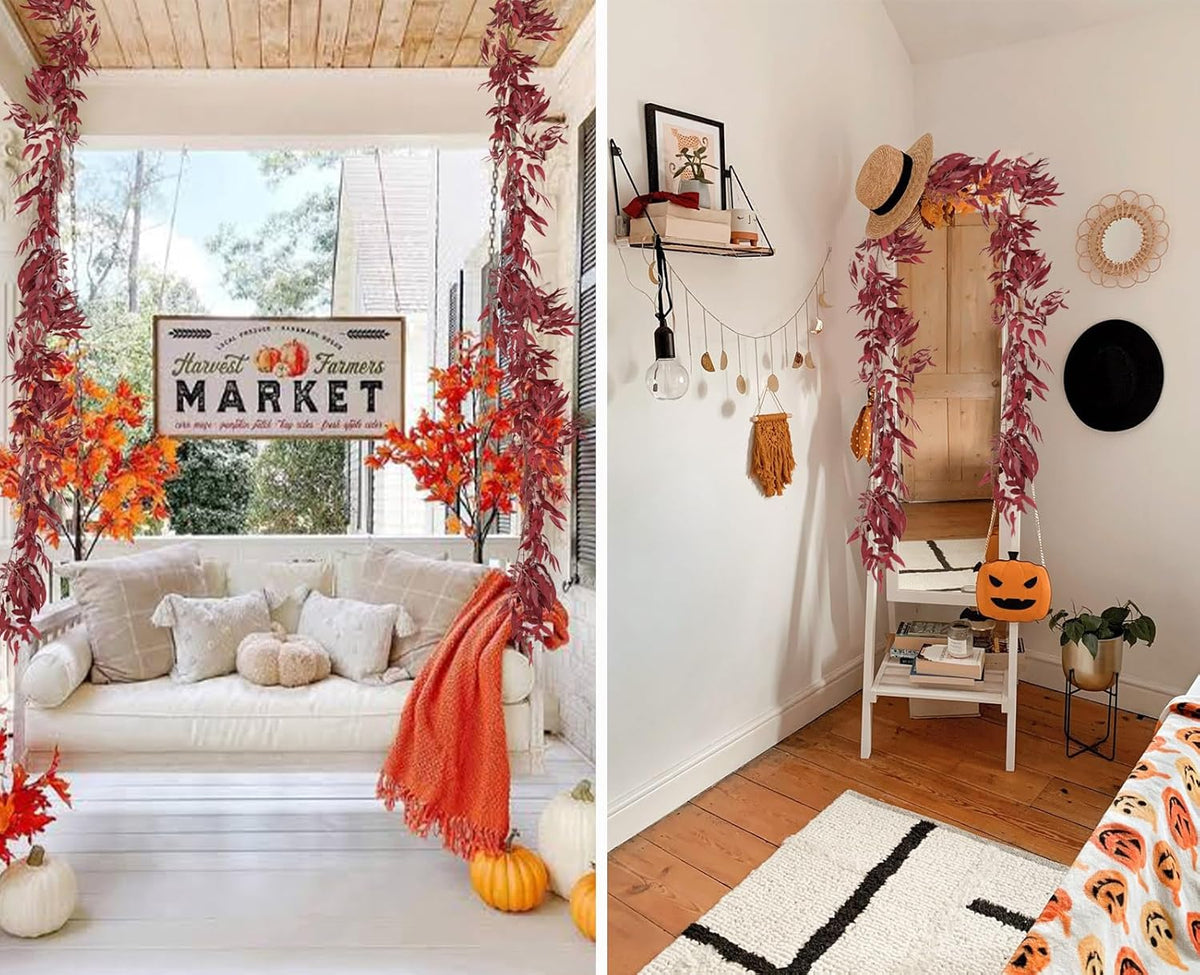 RECUTMS Artificial Hanging Willow Leaves Vine Twigs 2Pcs 5.7Ft Fake Silk Burgundy Leaf Ivy Fall