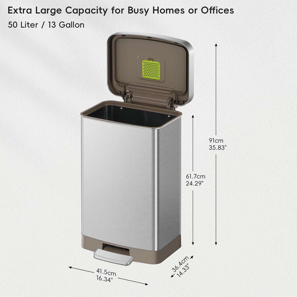 EKO Hudson Matte Stainless 50 Liter/13.2 Gallon Step Trash Can with Rear Trash Bag Storage