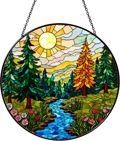 Forest Stained Glass Window Hanging Forest Sun Catcher Decor Nature Lovers Gifts for Women