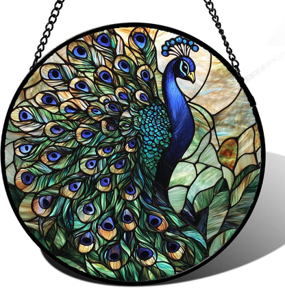 Stained Glass Window Hanging, Turquoise Peacock Sun Catcher for Door Home Decor Blue Green