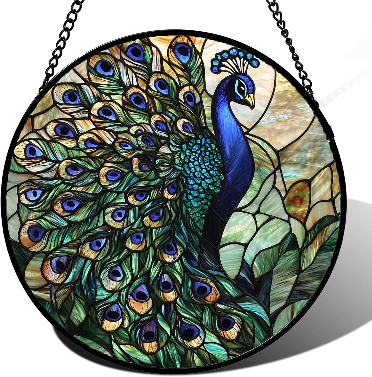 Stained Glass Window Hanging, Blue Green Peacock Decor Suncatcher for Door Garden Home Decoration