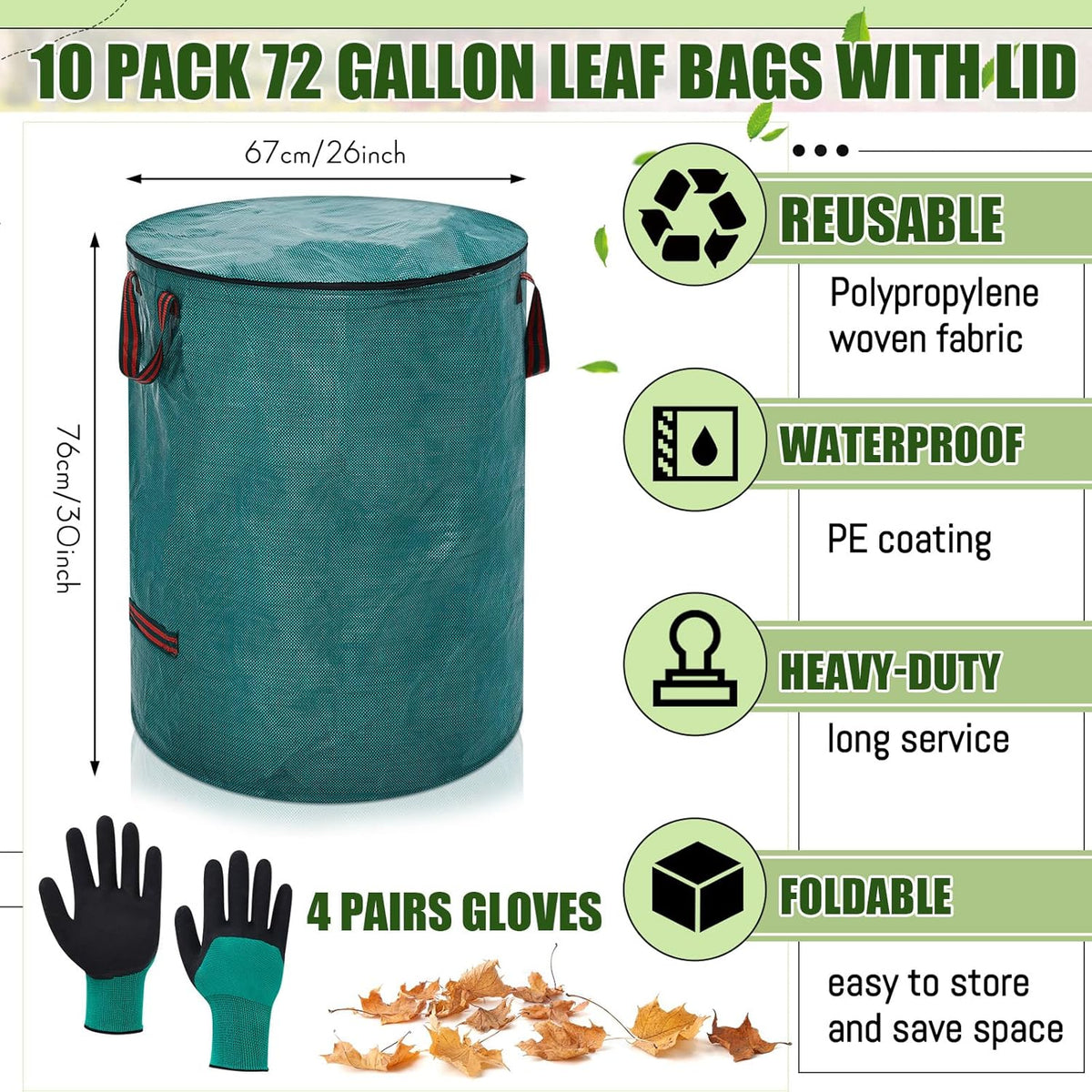 10 Pcs 72 Gallons Yard Waste Bags with Lid and 4 Pairs Gardening Coated Gloves Leaf Bags (h30" x