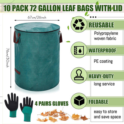 10 Pcs 72 Gallons Yard Waste Bags with Lid and 4 Pairs Gardening Coated Gloves Leaf Bags (h30" x