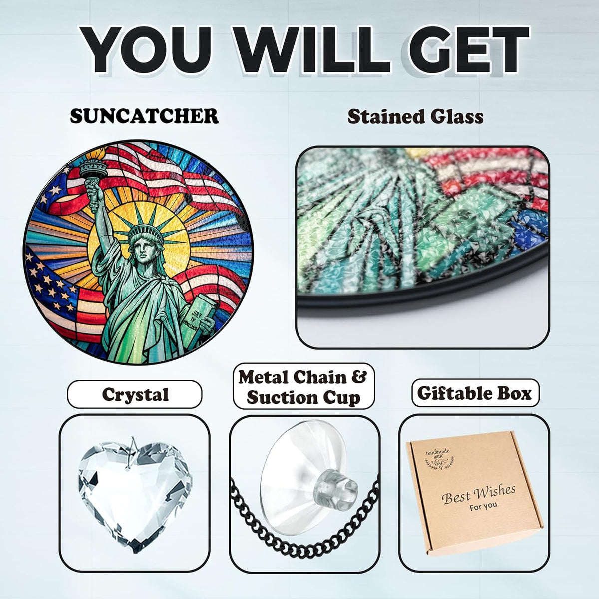 7.8"Patriotic Statue of Liberty Stained Glass Suncatcher, Red White Blue Window Hanging, 4th of