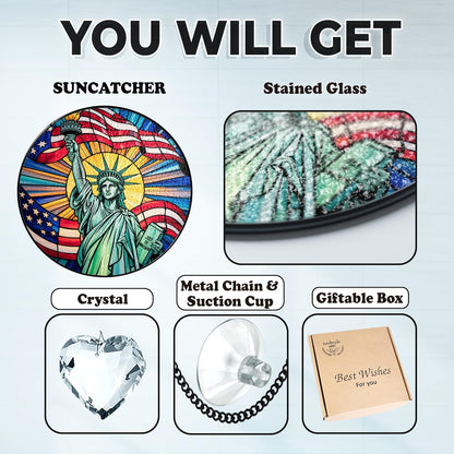 7.8"Patriotic Statue of Liberty Stained Glass Suncatcher, Red White Blue Window Hanging, 4th of