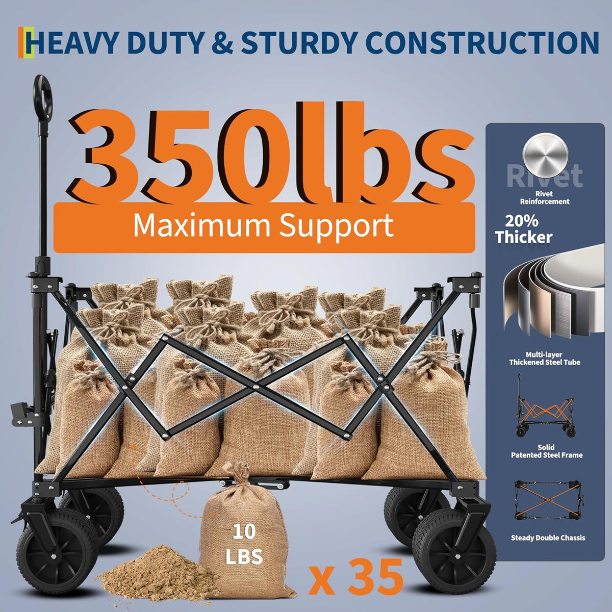 35" Foldable Wagon for Beach with 350lbs Weight Capacity, Heavy Duty 280L Extra Large Collapsible