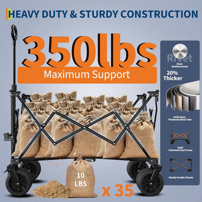 35" Foldable Wagon for Beach with 350lbs Weight Capacity, Heavy Duty 280L Extra Large Collapsible