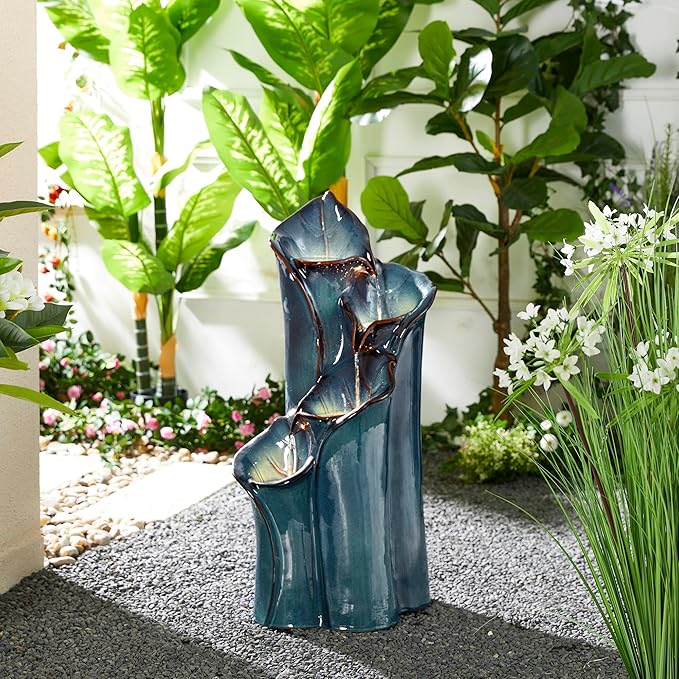 Glitzhome 31.25" H Outdoor Water Fountain with LED Lights and Pump, 4 Tier Turquoise Lotus Leaf