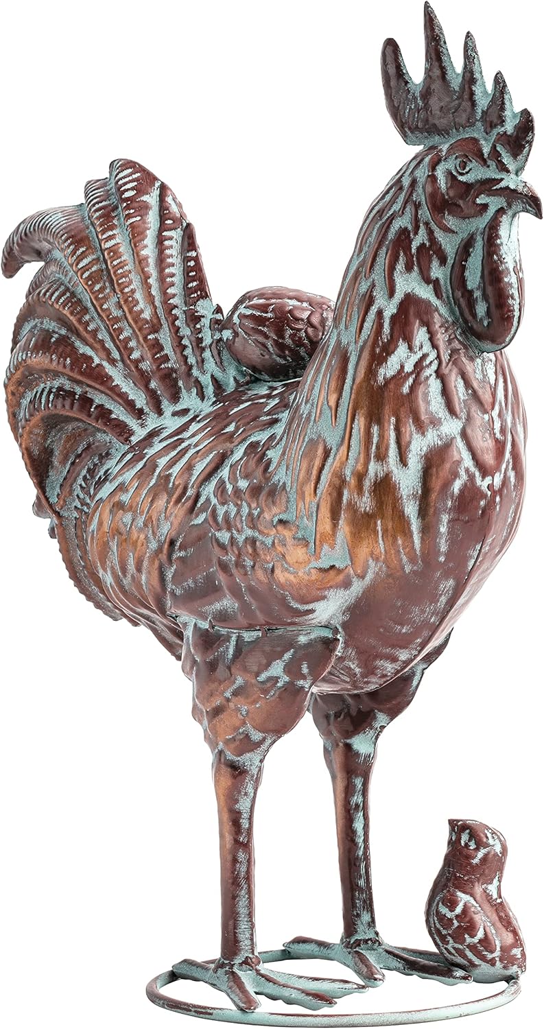 Metal Rooster w/ Chicks Statue Garden Yard Decor,15.7"L x 18.8"H Metal Chickens Yard Art, Vintage