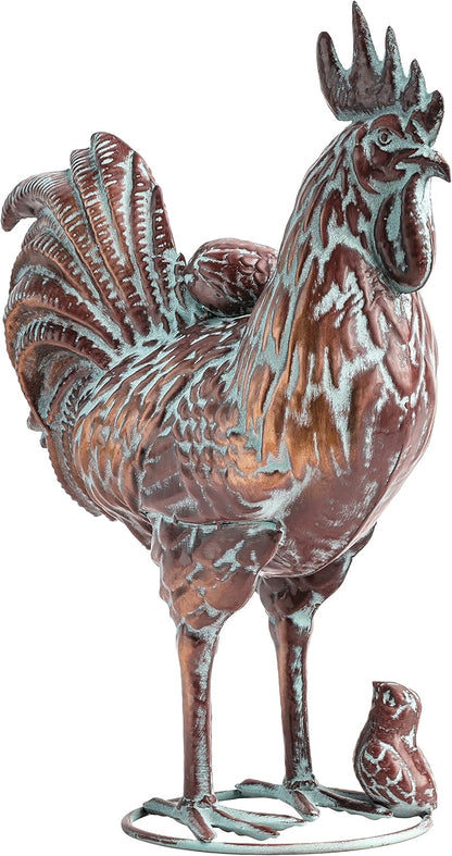 Metal Rooster w/ Chicks Statue Garden Yard Decor,15.7"L x 18.8"H Metal Chickens Yard Art, Vintage