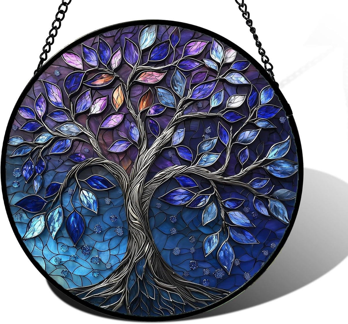 Stained Glass Window Hanging, Blue Purple Tree of Life Sun Catchers Colorful Glass Panel Plants