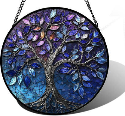 Stained Glass Window Hanging, Blue Purple Tree of Life Sun Catchers Colorful Glass Panel Plants