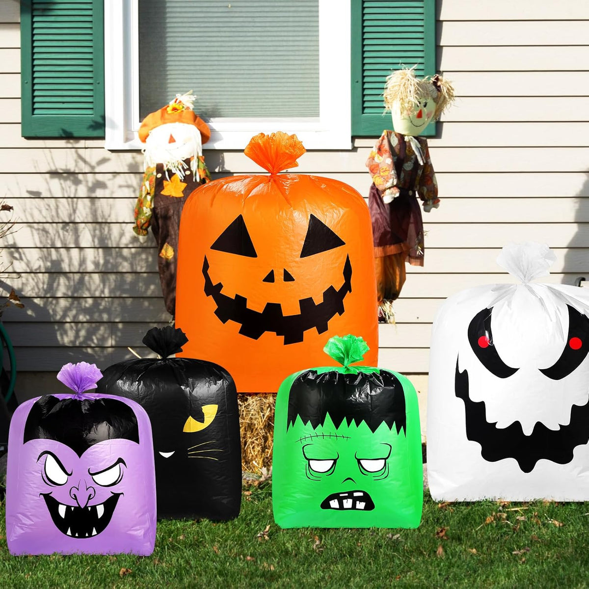 Qilery 6 Pcs Halloween Leaf Lawn Bags Plastic Pumpkin Trash Bags for Leaves with Twist Ties for