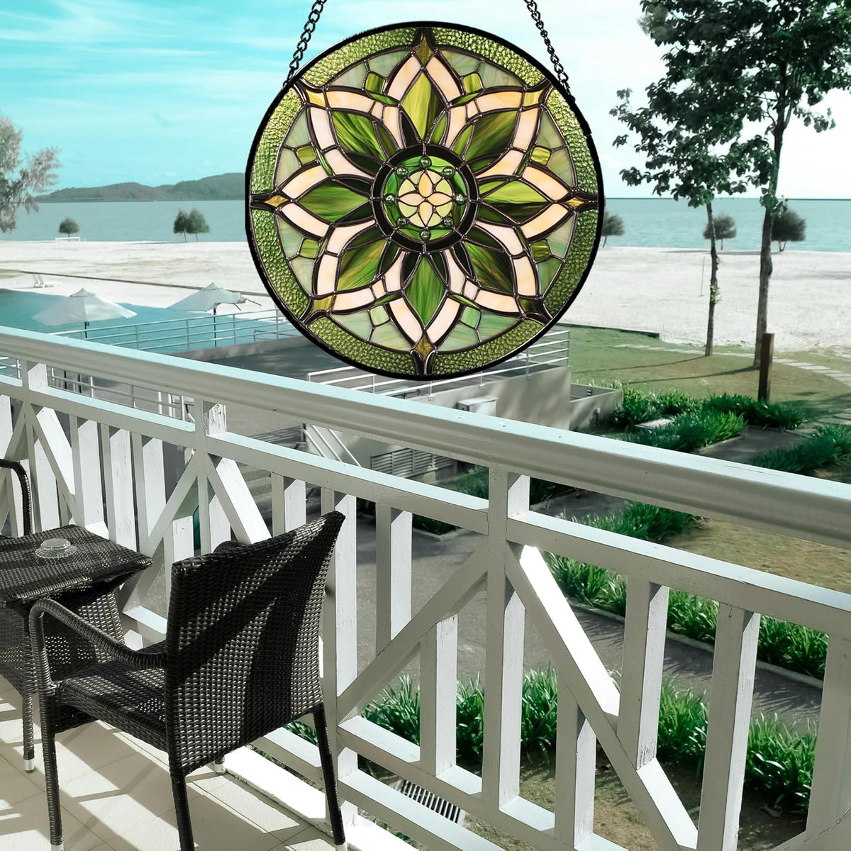 Stained Glass Window Hanging - White Green Boho Flower Suncatcher for Doors Window Home Sun