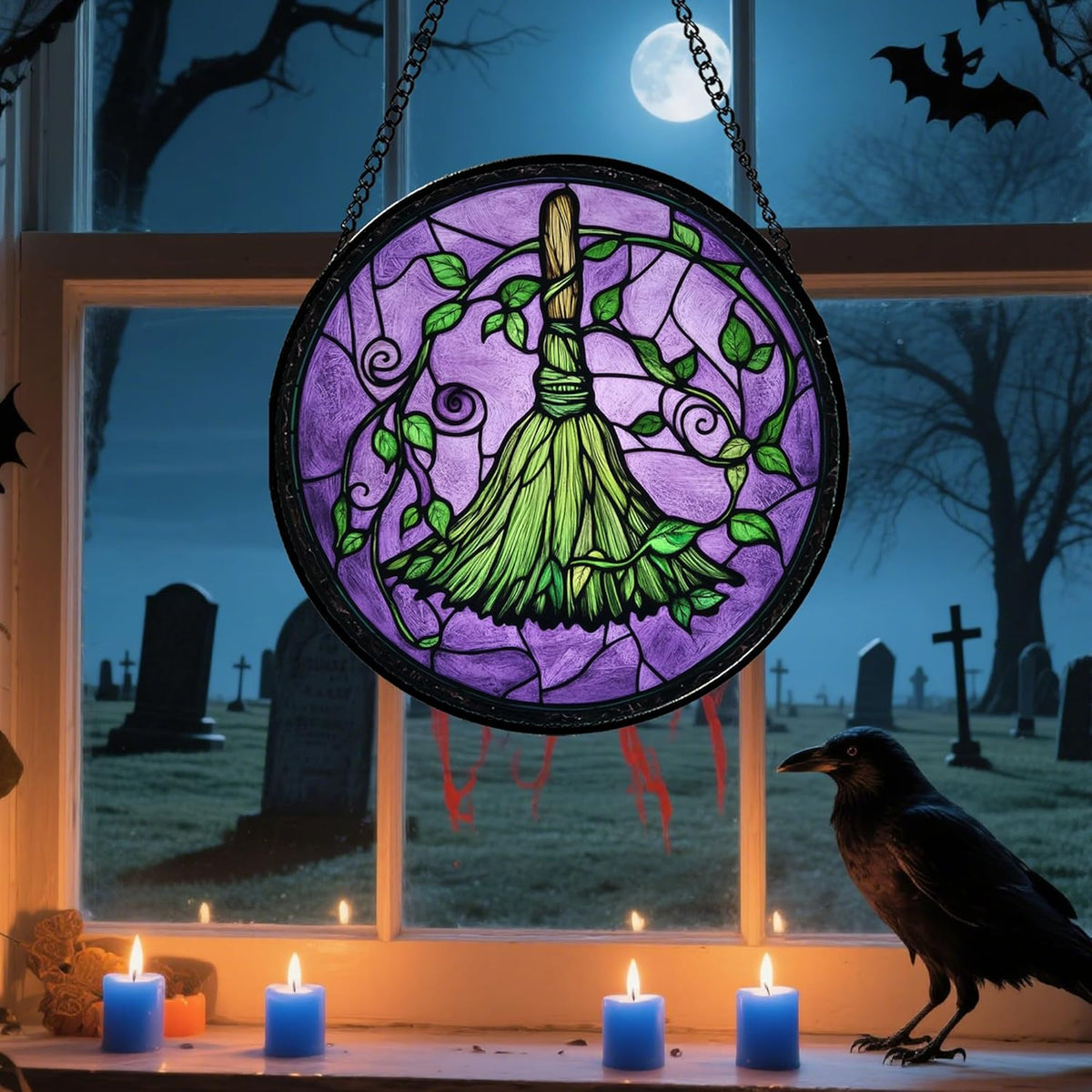 Stained Glass Window Hanging - Halloween Decorations Witch Magic Broom Suncatcher for Doors Garden