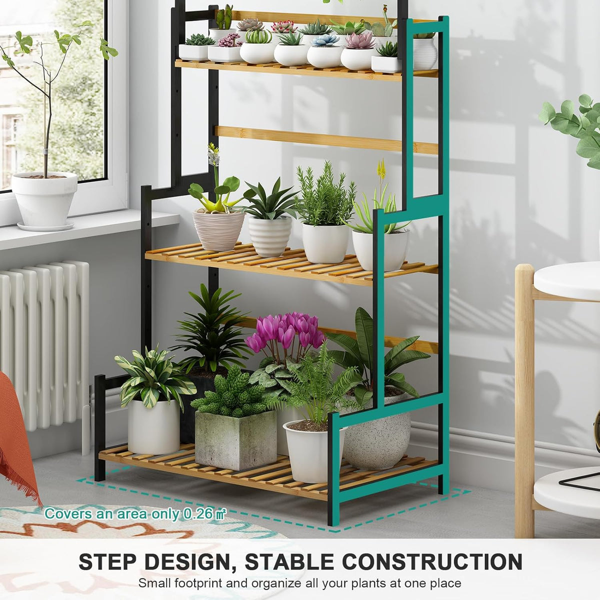 Ufine Bamboo Hanging Plant Stand 3 Tier Ladder Shelf with Hanging Rod Height Adjustable Flower Pot